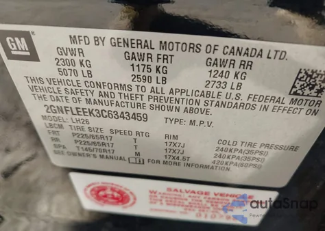 2012 Chevrolet Equinox 1Lt из США, поврежденный, VIN 2GNFLEEK3C6343459